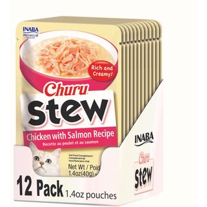 Inaba Churu Stew Chicken with Salmon Recipe Grain-Free Lickable Cat Treats, 1.4-oz pouch, 12 count