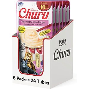Inaba Churu for Senior 10+ Tuna with Salmon Recipe Lickable Cat Treats, 0.5-oz tube, 24 count