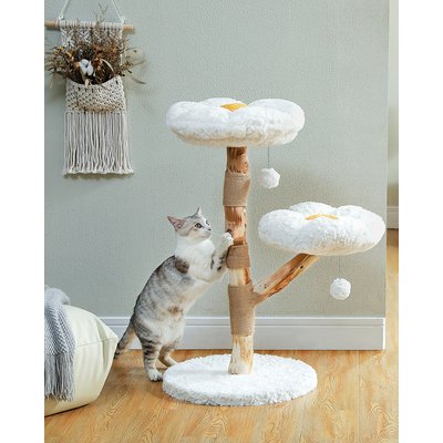 PAWZ Road PAWZ Road Wood Flower Modern Cat Tree Tower with Real Wood Branches, Luxury Boho Furniture with Scratching Post & 2 Perches, White