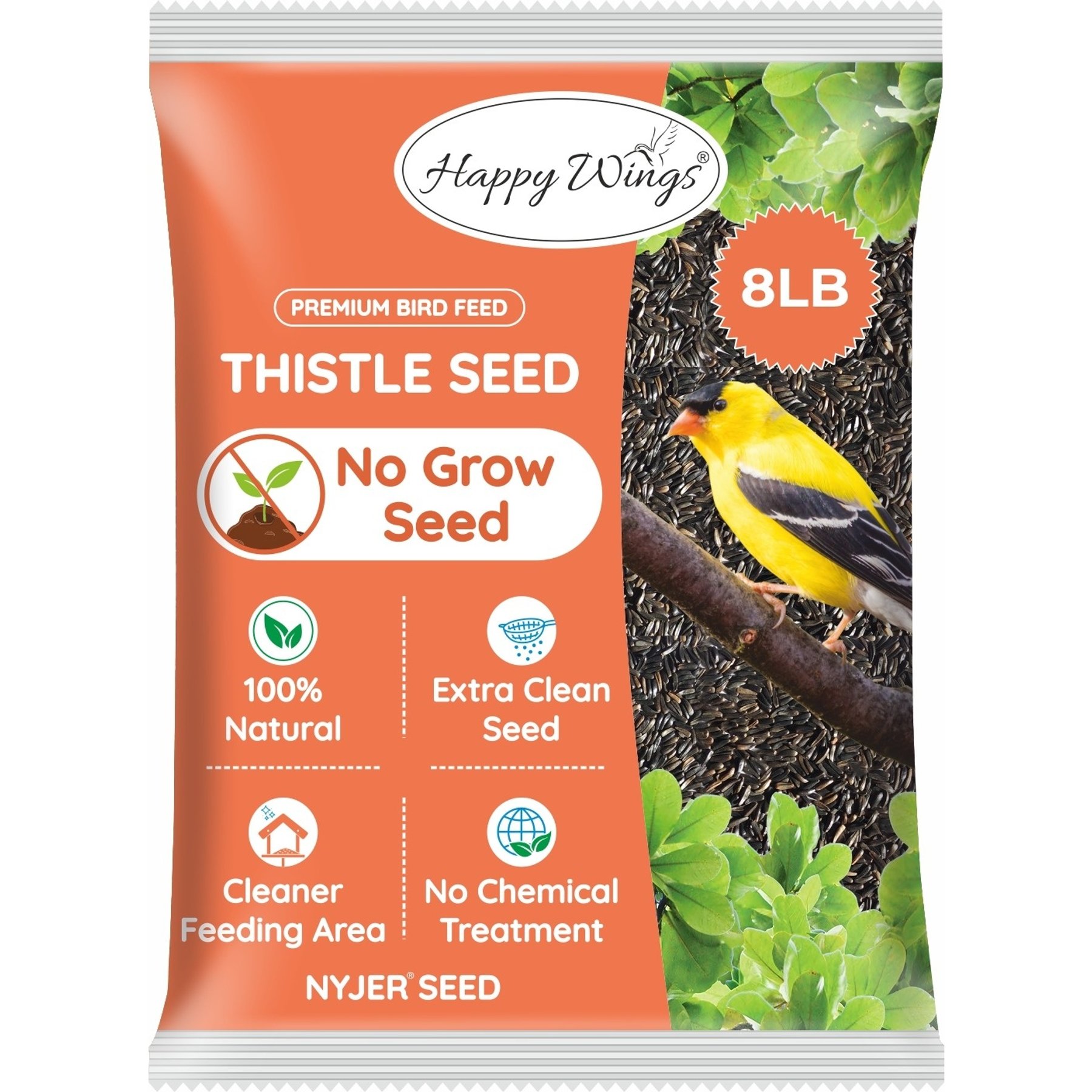 Happy Wings NO GROW Thistle Seed Wild Bird Food, 8-lb bag