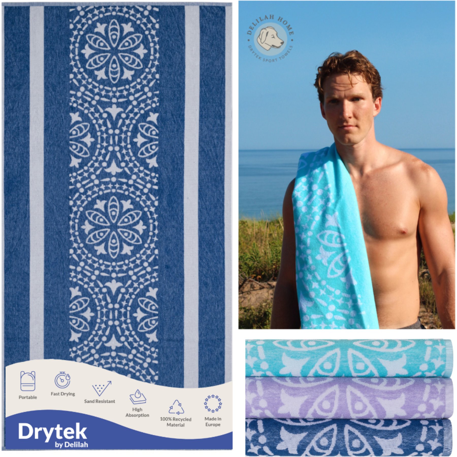Delilah Home Drytek High Performance Beach Towel, Navy, 72 x 72-in