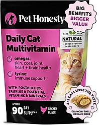 Pet Honesty Dual Texture Chicken Flavored Multivitamin Omega-3 & Lysine Chews for Cats, 10.5-oz pouch