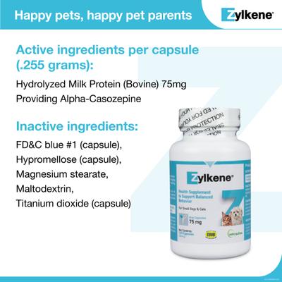 Show full view: Vetoquinol Zylkene 75-mg Capsules Calming Supplement for Small Dogs & Cats, 120 count slide 8 of 12