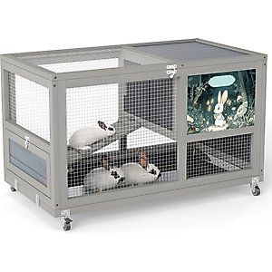 Coziwow Indoor/Outdoor Wooden Rabbit Hutch with Wheels, Grey
