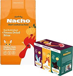 Made by Nacho Cage Free Chicken, Duck & Quail Recipe with Freeze-Dried Chicken Liver Dry Cat Food, 4-lb bag + Cuts In Gravy Recipes with Bone Broth Variety Pack Wet Food