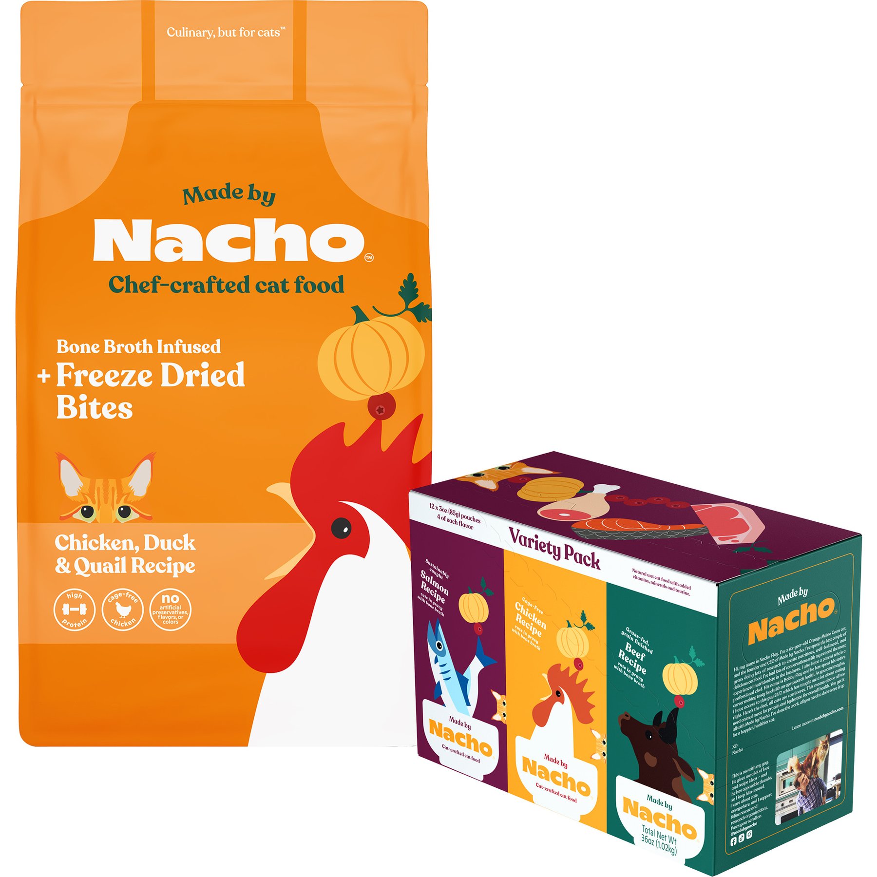 Made by Nacho Cage Free Chicken, Duck & Quail Recipe with Freeze-Dried Chicken Liver Dry Cat Food, 4-lb bag + Cuts In Gravy Recipes with Bone Broth Variety Pack Wet Food