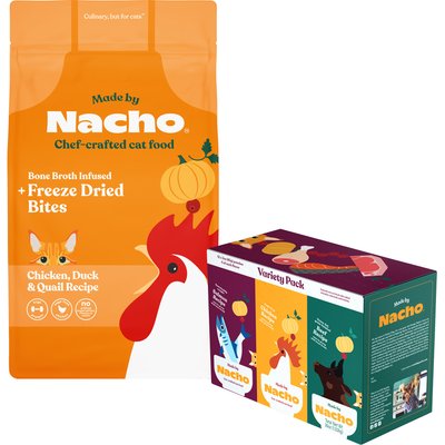 Made by Nacho Made by Nacho Cage Free Chicken, Duck & Quail Recipe with Freeze-Dried Chicken Liver Dry Cat Food, 4-lb bag + Cuts In Gravy Recipes with Bone Broth Variety Pack Wet Food