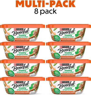 Show full view: Purina Beneful Freshly Prepared Meals Simmered Chicken Medley with Carrots, Green Beans & Wild Rice Wet Dog Food, 10-oz, case of 8 slide 3 of 12