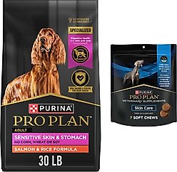 Purina Pro Plan Adult Sensitive Skin & Stomach Salmon & Rice Formula Dry Dog Food, 30-lb bag + Skin Care Soft Chew Supplement, 7 count