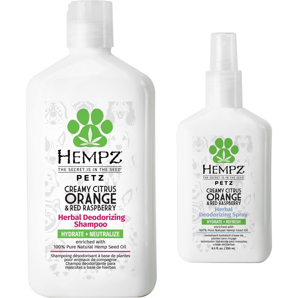 Hempz Petz Deodorizing Dog Shampoo, Creamy Citrus Orange & Red Raspberry Scent, 17-fl oz bottle + Creamy Citrus Orange Red Raspberry Deodorizing Cologne Spray, 8.5-fl oz bottle