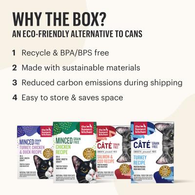 Show full view: The Honest Kitchen Human Grade Cate Chicken, Beef & Salmon Variety Pack Grain-Free Pate Wet Cat Food, 2.8-oz box, case of 8 slide 7 of 11