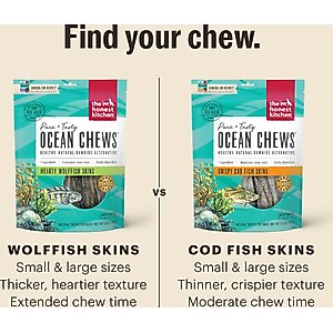The Honest Kitchen Beams Ocean Chews Cod Fish Skins Dehydrated Dog Treats, Large, 5.5-oz bag
