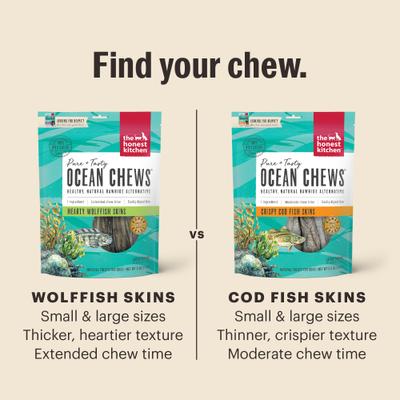 Show full view: The Honest Kitchen Human Grade Beams Ocean Chews Wolfish Skins Dehydrated Dog Treats, Large, 6-oz bag slide 8 of 12