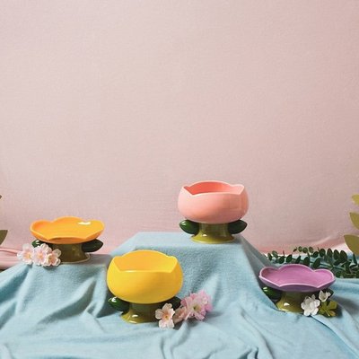 Happy & Polly Happy & Polly Elevated Ceramic Flower Cat Bowl & Plate, Multicolor, 8-cup, 4 count