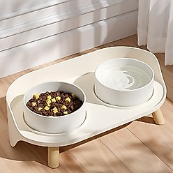 Happy & Polly Bone China Elevated Double Cat Bowl Set, Beige