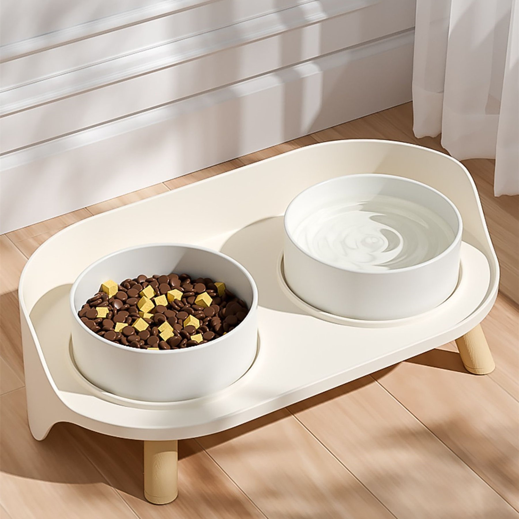 Happy & Polly Bone China Elevated Double Cat Bowl Set, Beige