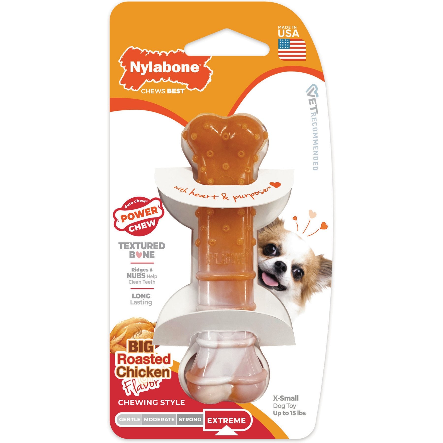 Nylabone Power Chew Textured Bone 70th Birthday Dog Toy, Orange Swirl Chicken, X-Small