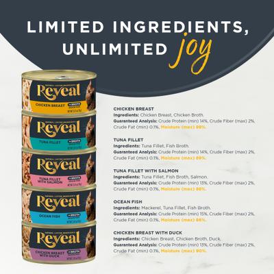 Show full view: Reveal Fish & Chicken Variety Selection in Broth Grain-Free Flaked Wet Cat Food, 2.47-oz can, case of 30 slide 4 of 10