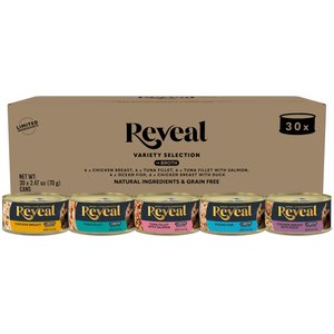 Reveal Fish & Chicken Variety Selection in Broth Grain-Free Flaked Wet Cat Food, 2.47-oz can, case of 30