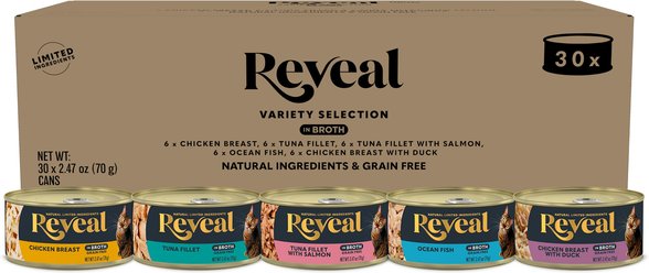 Reveal Fish & Chicken Variety Selection in Broth Grain-Free Flaked Wet Cat Food, 2.47-oz can, case of ...