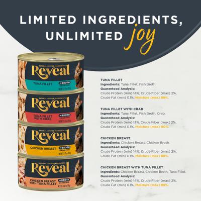 Show full view: Reveal Fish & Chicken Variety Selection in Broth Grain-Free Flaked Wet Cat Food, 2.47-oz can, case of 20 slide 4 of 10