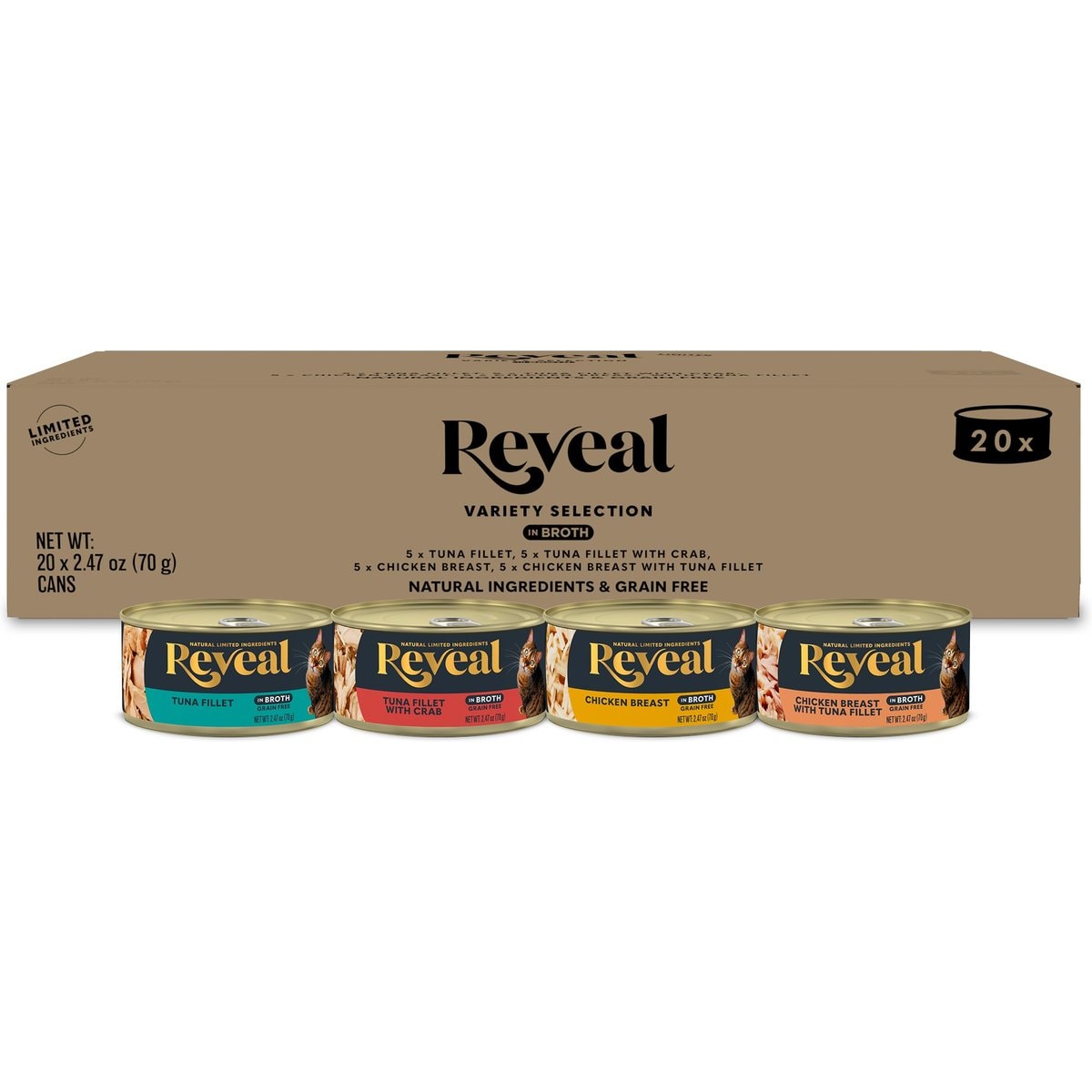 Reveal Fish & Chicken Variety Selection in Broth Grain-Free Flaked Wet Cat Food, 2.47-oz can, case of 20