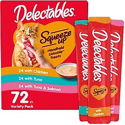 Hartz Delectables Squeeze Up Chicken, Tuna, Tuna & Salmon Variety Pack Grain-Free Lickable Cat Treats, 0.5-oz tube, 72 count