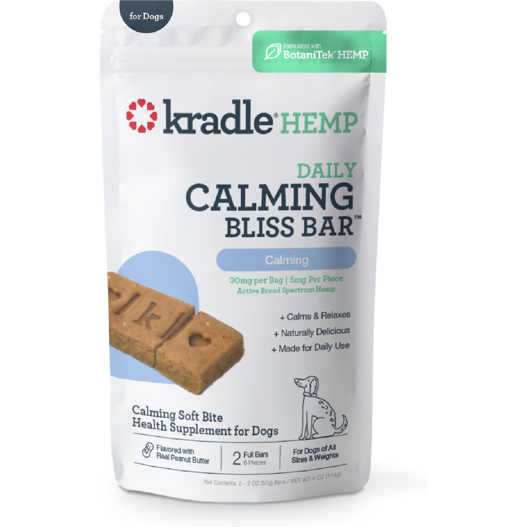 Kradle Bliss Bar Peanut Butter Flavored Soft Bite Calming Broad Spectrum Hemp Extract Health Supplement for Dogs, 2 count