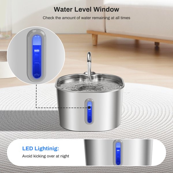 Qzkragt Stainless Steel Dog & Cat Water Fountain, 2.2-L