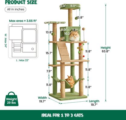 Show full view: MWPO 63.8-in Multi-Level Cat Tree with Condo & Hammock, Green slide 9 of 11