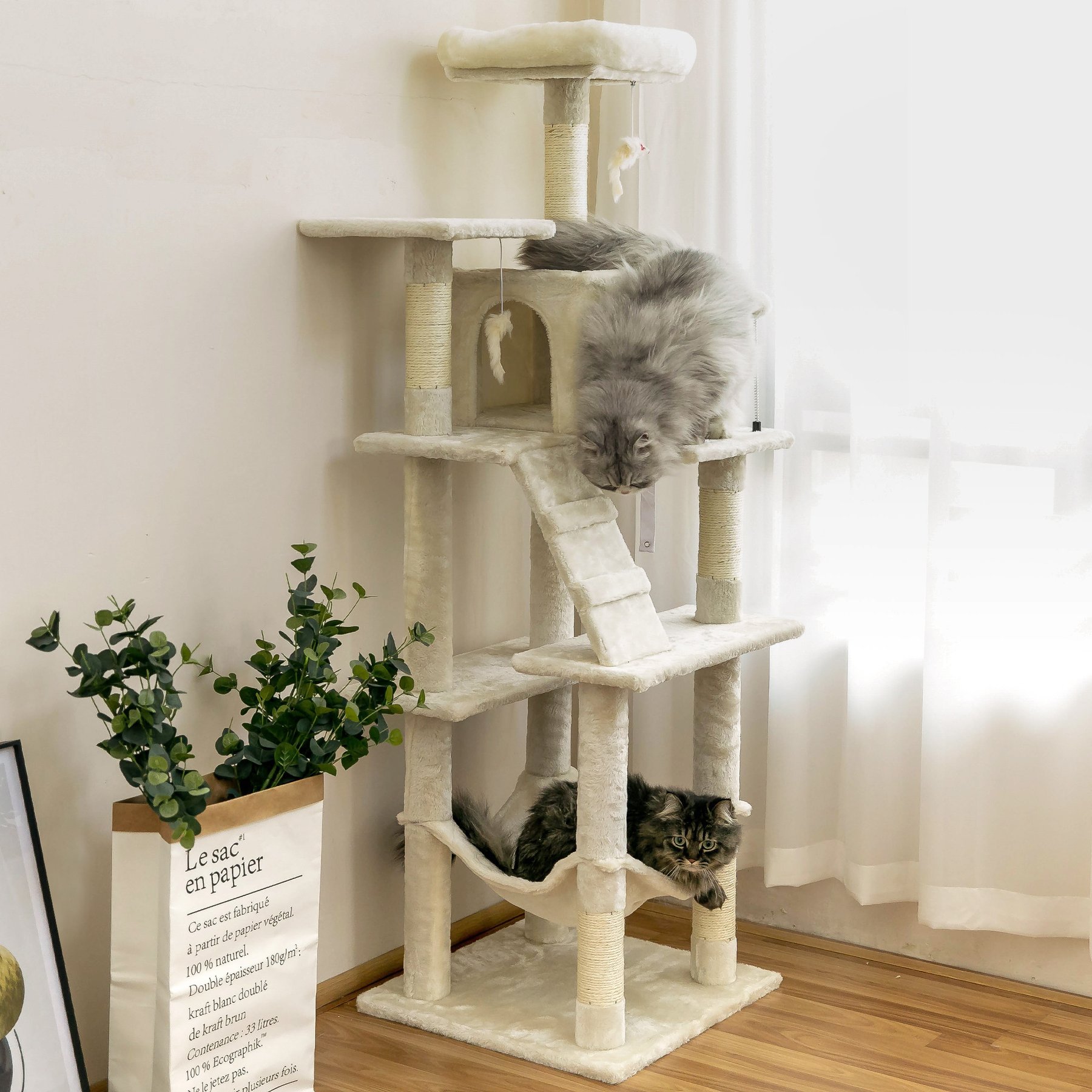 MWPO 63.8-in Multi-Level Cat Tree with Condo & Hammock, Beige
