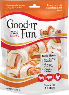 Show full view: Good 'n' Fun Triple Flavor 4-in Pork, Beef & Chicken Dog Treat Chew Bones, 6 count slide 3 of 9
