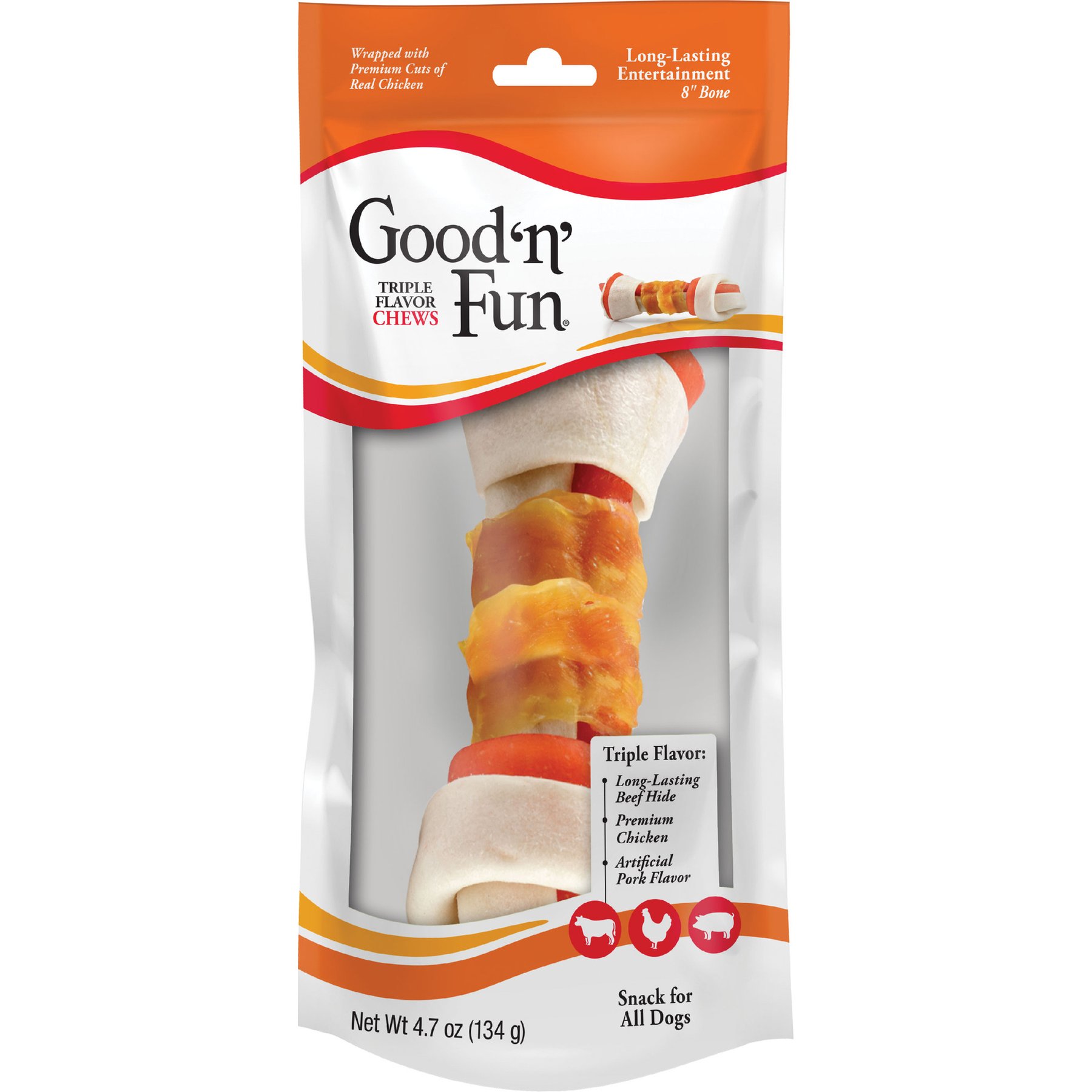 Good 'n' Fun Triple Flavor 8-in Pork, Beef & Chicken Dog Treat Chew Bones, 1 count