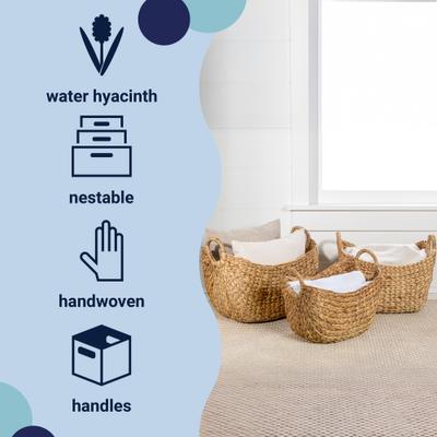 Show full view: happimess Nellie Farmhouse Classic Handwoven Hyacinth Storage Boat Baskets with Handles, Natural, 3 count slide 3 of 7