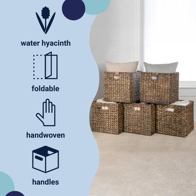 Show full view: happimess Bryce 12.6" Classic Farmhouse Handwoven Hyacinth Collapsible Storage Cube Baskets with Handles, Brown, 5 count slide 3 of 7