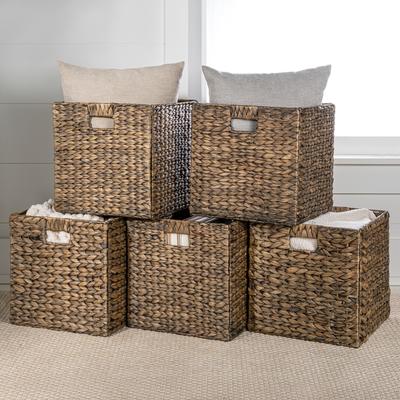 Show full view: happimess Bryce 12.6" Classic Farmhouse Handwoven Hyacinth Collapsible Storage Cube Baskets with Handles, Brown, 5 count slide 2 of 7