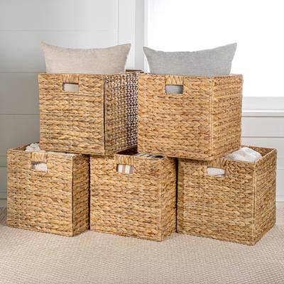 Show full view: happimess Bryce 12.6" Classic Farmhouse Handwoven Hyacinth Collapsible Storage Cube Baskets with Handles, Natural, 5 count slide 3 of 8