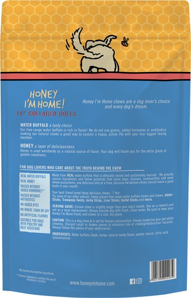 Honey I'm Home 6" Honey Coated Buffalo Collagen Rolls Dog Chews, 16-oz bag