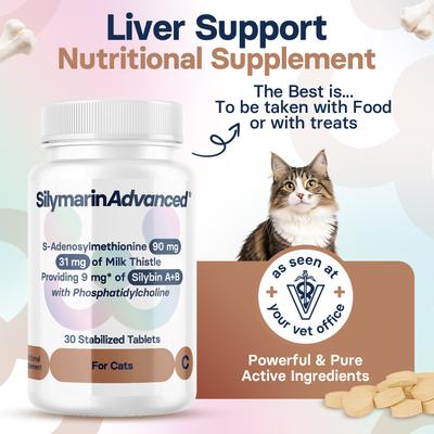 Show full view: SilymarinAdvanced S-Adenosylmethionine & Silybin Tablet Liver Health Supplement for Cats, 30 count slide 3 of 10
