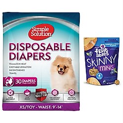 Simple Solution Disposable Female Diapers, X-Small, 30 count + Fruitables Skinny Minis Pumpkin & Berry Flavor Dog Treats, 5-oz bag slide 1 of 9