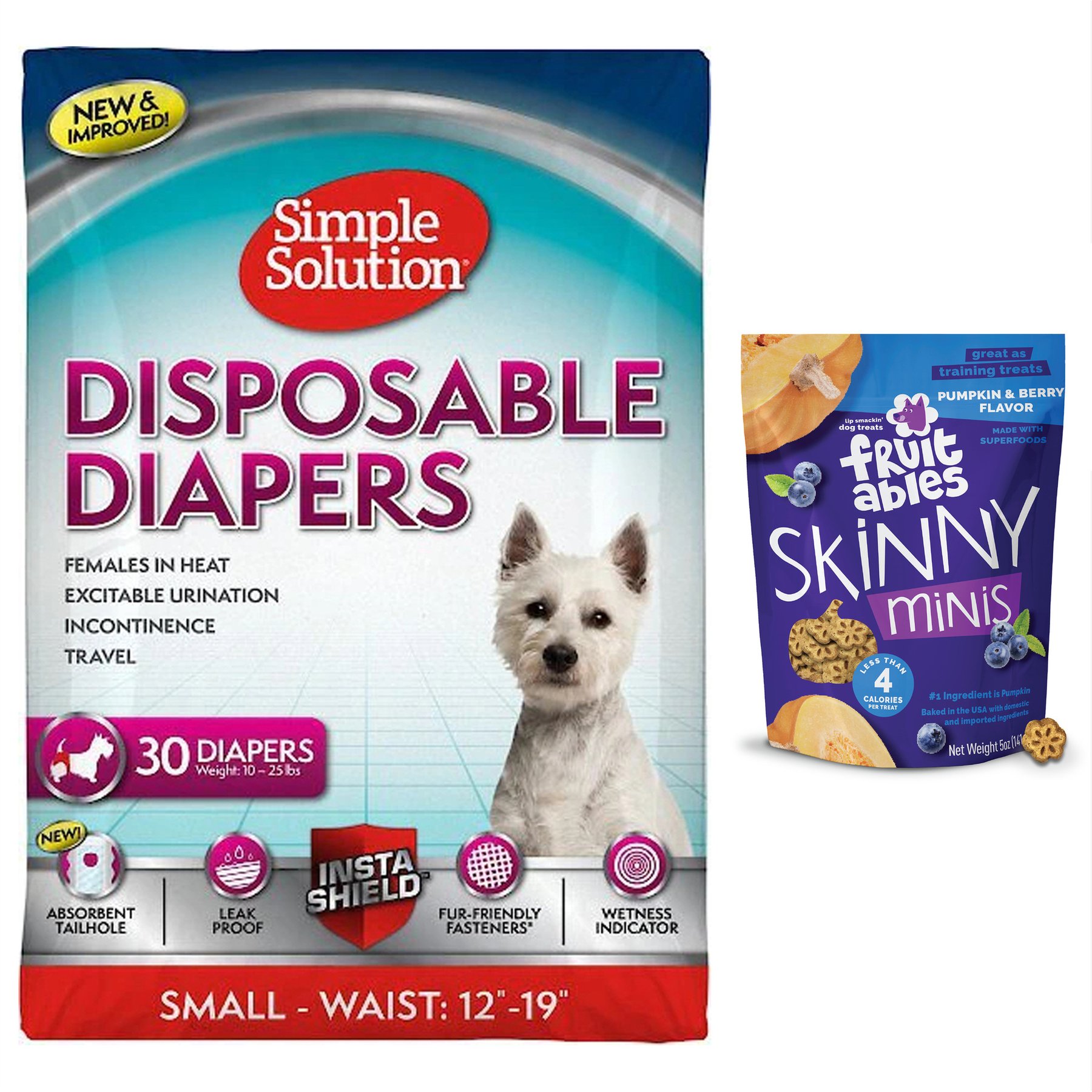 Simple Solution Disposable Female Diapers, Small, 30 count + Fruitables Skinny Minis Pumpkin & Berry Flavor Dog Treats, 5-oz bag