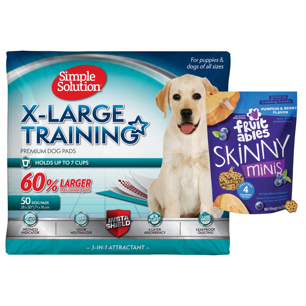 Simple Solution Extra Large Training Pads, 28" x 30", 50 count + Fruitables Skinny Minis Pumpkin & Berry Flavor Dog Treats