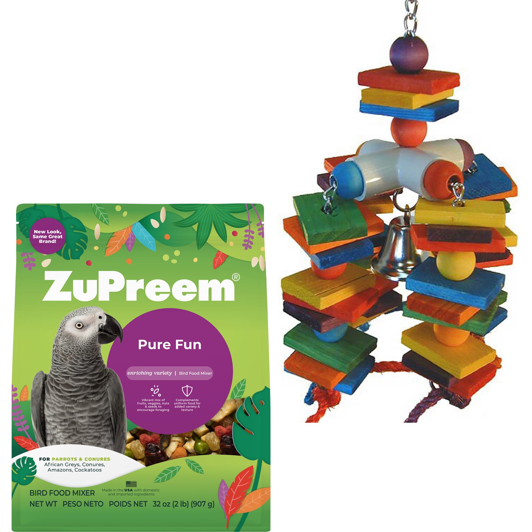 ZuPreem Pure Fun Enriching Variety Parrot & Conure Food + Super Bird Creations 4 Way Play Toy