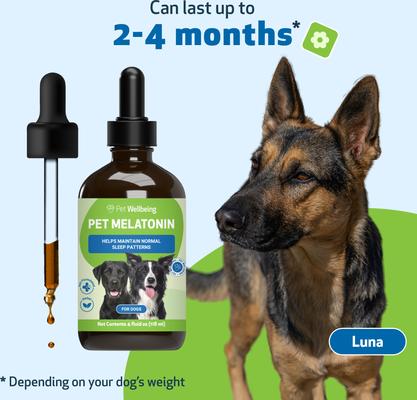 Show full view: Pet Wellbeing Pet Melatonin Bacon Flavored Liquid Calming Supplement for Dogs, 4-oz bottle slide 4 of 9
