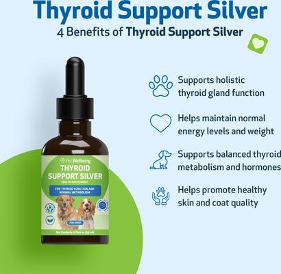 Show full view: Pet Wellbeing Thyroid Support SILVER Bacon Flavored Liquid Supplement for Dogs, 2-oz bottle slide 3 of 9