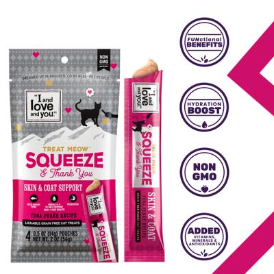 Show full view: I and Love and You Meow Skin & Coat Support Tuna Puree Recipe Lickable Cat Treat, 48 count slide 3 of 8