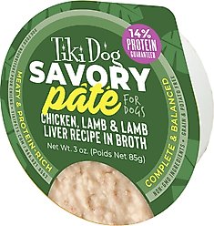 Tiki Dog Savory Grain-Free Chicken, Lamb & Lamb Liver Pate Wet Dog Food, 3-oz cup, case of 4