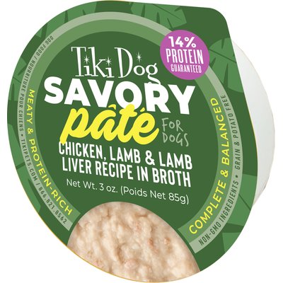 Tiki Dog Tiki Dog Savory Grain-Free Chicken, Lamb & Lamb Liver Pate Wet Dog Food, 3-oz cup, case of 4