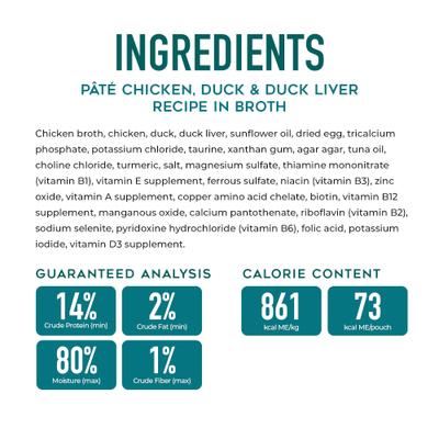 Show full view: Tiki Dog Grain-Free Savory Chicken, Duck & Duck Liver Pate Wet Cat Food, 3-oz cup, case of 4 slide 4 of 8