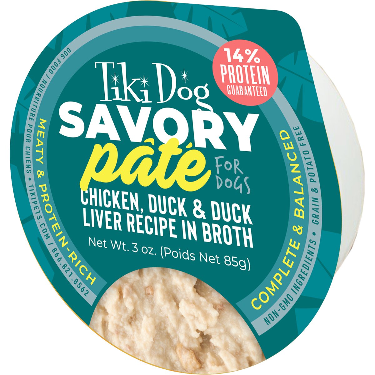 Tiki Dog Grain-Free Savory Chicken, Duck & Duck Liver Pate Wet Cat Food, 3-oz cup, case of 4